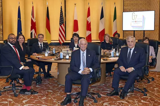 From left to right, British Foreign Minister James Cleverly, German Foreign Minister Annalena Baerbock, U.S. Secretary of State Antony Blinken, Japanese Foreign Minister Yoko Kamikawa, High Representative of the European Union for Foreign Affairs and Security Policy Josep Borrell, front, Canadian Foreign Minister Melanie Joly, Italian Foreign Minister Antonio Tajani, front, and French Foreign Minister Catherine Colonna pose for a photo at the beginning of the session 1 of the G7 Foreign Minister