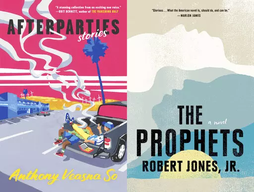 This combination of book cover images shows "Afterparties" by Anthony Veasna So, left, and "The Prophets," a novel by Robert Jones Jr. The books are among the winners of the 34th annual Triangle Awards, given for outstanding LGBTQ literature. (Ecco via AP, left, and Putnam via AP)