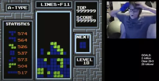 In this image taken from video, 13-year-old player named Willis Gibson reacts after playing a game of Tetris. Gibson, who in late December became the first player to officially “beat” the original Nintendo version of the game. By breaking it, of course. Technically, Gibson — aka “blue scuti” in the gaming world — made it to what gamers call a “kill screen,” a point where the Tetris code glitches, crashing the game. (Willis Gibson via AP)