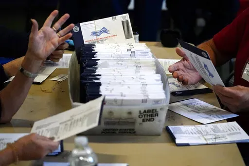 In this Nov. 4, 2020, file photo, Chester County election workers process mail-in and absentee ballots for the 2020 United States general election at West Chester University in West Chester, Pa. On Friday, Feb. 4, 2022, the Pennsylvania GOP scheduled an hour-long presentation on the Republican "investigation" into the 2020 presidential election at the party's closed-press winter meeting in Lancaster, Pa. (AP Photo/Matt Slocum, File)