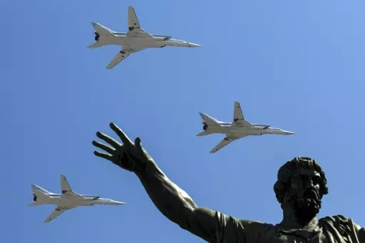 Russian Tu-22M-3 long-range bombers fly during the Victory Day military parade marking 71 years after the victory in WWII in Red Square in Moscow, Russia, Monday, May 9, 2016. The latest Russian missile barrage against Ukraine’s civilian infrastructure on Thursday, March 9, 2023 has marked one of the largest such attacks in months. Russia has used the Tu-22M to launch Kh-22 cruise missiles at targets in Ukraine. (AP Photo, File)