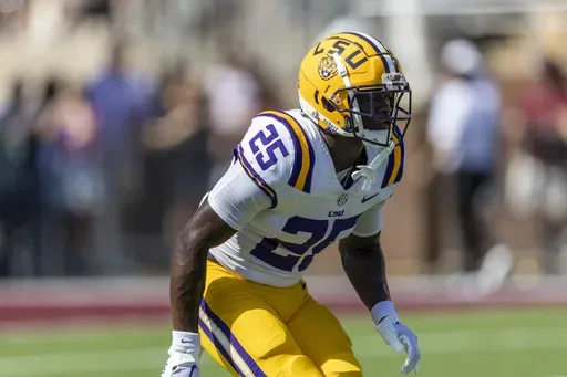 LSU safety Javien Toviano (25) during an NCAA football game, Sept. 16, 2023, in Starkville, Miss. Toviano surrendered to authorities Sunday, July 21, 2024, on charges of video voyeurism, the East Baton Rouge Parish sheriff's office said. (AP Photo/Vasha Hunt, File)