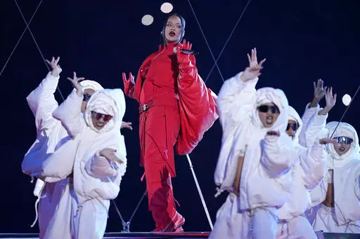 Rihanna performs during the halftime show at the NFL Super Bowl 57 football game between the Kansas City Chiefs and the Philadelphia Eagles, Sunday, Feb. 12, 2023, in Glendale, Ariz. (AP Photo/Brynn Anderson)