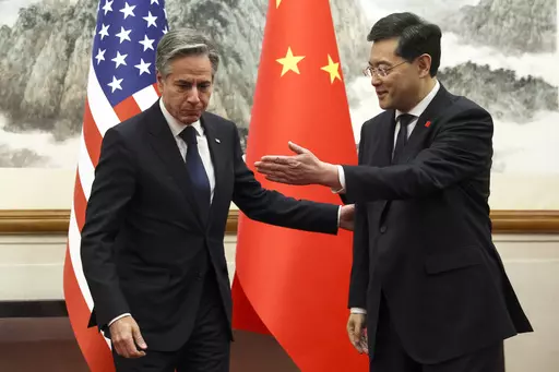 U.S. Secretary of State Antony Blinken, left, meets with Chinese Foreign Minister Qin Gang, right, at the Diaoyutai State Guesthouse in Beijing, China, on June 18, 2023. China has removed outspoken foreign minister Qin Gang from office and replaced him with his predecessor, Wang Yi. In an announcement on Tuesday, July 25, 2023, state media gave no reason for Qin’s removal, but it comes after he dropped out of sight almost one month ago amid speculation over his personal affairs and political r