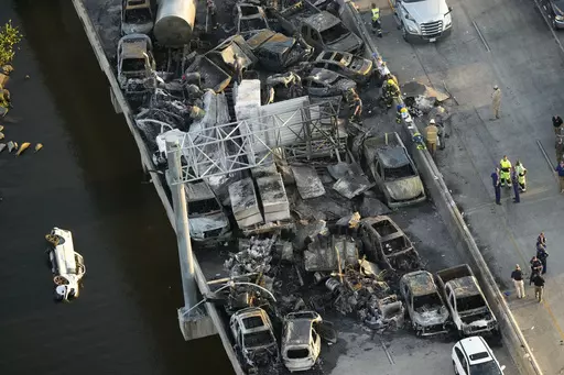 In this aerial photo, responders are seen near wreckage in the aftermath of a multi-vehicle pileup on Interstate 55 in Manchac, La., Oct. 23, 2023. A stubborn, smoky marsh fire that contributed to fatal car crashes on fogbound highways and sometimes fouled New Orleans air with a pervasive stench has been completely extinguished after burning for weeks, the New Orleans Fire Department said Monday, Dec. 4. (AP Photo/Gerald Herbert, File)