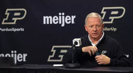 Purdue University Director of Athletics Mike Bobinski addresses the football head coach position opening during a press conference, Thursday, Dec. 8, 2022, at Mackey Arena in West Lafayette, Ind.(Alex Martin/Journal & Courier via AP)