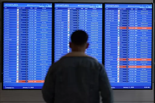 A traveler looks at a flight board with delays and cancellations at Ronald Reagan Washington National Airport in Arlington, Va., Wednesday, Jan. 11, 2023. Congressional investigators said in a report Friday, April 28, 2023, that an increase in flight cancellations as travel recovered from the pandemic was due mostly to factors that airlines controlled, including cancellations for maintenance issues or lack of a crew. (AP Photo/Patrick Semansky, File)