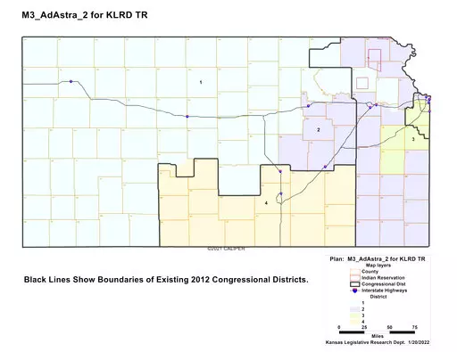 This image shows the "Ad Astra 2" congressional redistricting plan for Kansas drafted by the Kansas Legislative Research Department for Republican leaders in the GOP-controlled Legislature, Tuesday, Jan. 25, 2022, at the Statehouse in Topeka, Kan. A Kansas district court judge on Monday, April 25, 2022, struck down a new Republican-backed congressional map that would likely make it harder for the only Democrat in the state's delegation to win reelection this year. (Kansas Legislative Research De