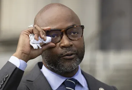 New Orleans District Attorney Jason Williams talks to the media outside the courthouse at Tulane and Broad streets on Monday, Aug. 1, 2022, in New Orleans. (Chris Granger/The Times-Picayune/The New Orleans Advocate via AP, File)