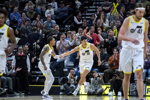 Utah Jazz forward Simone Fontecchio (16) runs back to play defense after scoring against the New Orleans Pelicans during the second half of an NBA basketball game Saturday, Nov. 25, 2023, in Salt Lake City. (AP Photo/Isaac Hale)