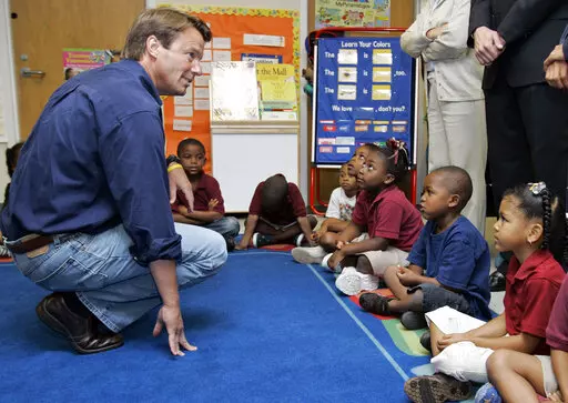 Presidential hopeful, former North Carolina Sen. John Edwards, left, talks to children in a head start class during a campaign stop at Kingsley House in New Orleans on July 16, 2007. The social services nonprofit, may be best known as the Kingsley House, has dropped the name of a Victorian clergyman Tuesday, Sept. 27, 2022, who is best remembered today as the author of a children's fantasy novel but held profoundly racist views. (AP Photo/Alex Brandon, File)