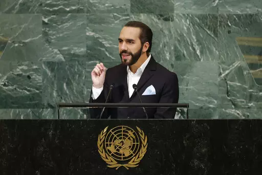 President of El Salvador Nayib Bukele addresses the 77th session of the United Nations General Assembly, at U.N. headquarters, Tuesday, Sept. 20, 2022. (AP Photo/Jason DeCrow)