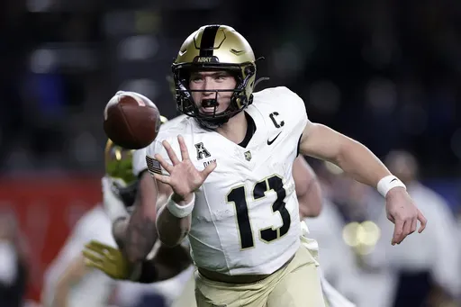Army quarterback Bryson Daily throws the ball during the first half of an NCAA college football game against Notre Dame at Yankee Stadium on Saturday, Nov. 23, 2024, in New York. (AP Photo/Adam Hunger)