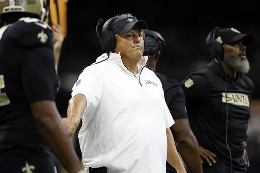 New Orleans Saints defensive line coach Todd Grantham reacts to a play during an NFL football game against the Carolina Panthers, Sunday, Sept. 8, 2024, in New Orleans. (AP Photo/Tyler Kaufman, File)