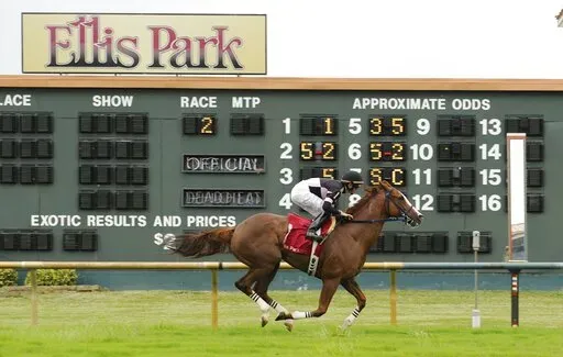 Forever Sure, with jockey Brian J. Hernandez Jr., crosses the finish line on the turf in a horse race at Ellis Park in Henderson, Ky., July 4, 2013. Churchill Downs Inc. has agreed to buy Ellis Park for $79 million in cash. The deal announced Thursday, Sept. 15, 2022, with Enchantment Holdings LLC includes Churchill Downs assuming Ellis Park's opportunity to build a track extension facility in Owensboro. (Mike Lawrence/The Gleaner via AP, File)