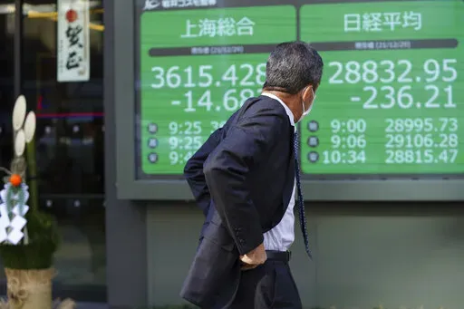 A man wearing a protective mask looks at an electronic stock board showing Japan's Nikkei 225 and Shanghai indexes at a securities firm with a traditional New Year decoration at it entrance Wednesday, Dec. 29, 2021, in Tokyo. Asian shares mostly slipped Wednesday, as worries lingered about the coronavirus omicron variant's potential damage to the regional economy following mixed cues from Wall Street. (AP Photo/Eugene Hoshiko)