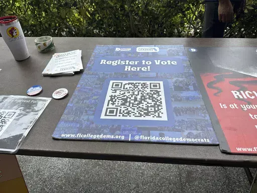 A QR code sign is displayed at Florida Atlantic University April 11, 2024, in Boca Raton, Fla. for students to register to vote. A three-year-old Biden executive order asking federal agencies to prioritize voter registration is being targeted by Republicans as this year's presidential election draws closer and has become entangled in the politics of immigration. (AP Photo/Cody Jackson, File)