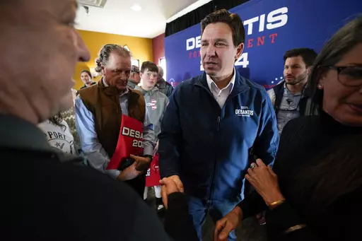 Republican presidential candidate Florida Gov. Ron DeSantis talks with audience members during a meet and greet, Friday, Nov. 3, 2023, in Denison, Iowa. Former President Donald Trump was the first choice of 51% of likely Iowa caucus participants in a Des Moines Register-NBC News-Mediacom Iowa Poll published Monday, Dec. 11. Florida Gov. Ron DeSantis, who has vowed that he will win Iowa, had the support of 19%. (AP Photo/Charlie Neibergall, File)