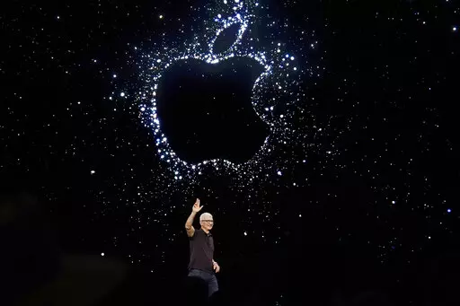 Apple CEO Tim Cook speaks at an Apple event on the campus of Apple's headquarters in Cupertino, Calif., on Sept. 7, 2022. Apple Music is about to reach a huge numerical milestone — offering an eye-popping 100 million songs available on the streaming service. (AP Photo/Jeff Chiu, File)