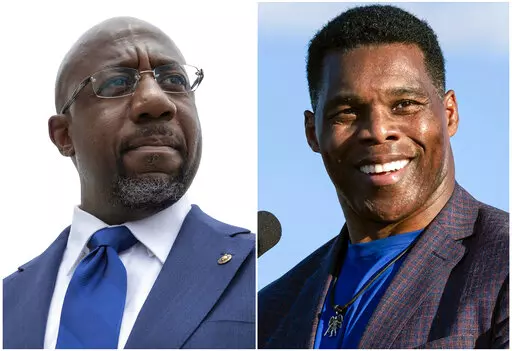 This combination of photos shows, Sen. Raphael Warnock, D-Ga., speaking to reporters on Capitol Hill in Washington, Aug. 3, 2021, left, and Republican Senate candidate Herschel Walker speaking in Perry, Ga., Sept. 25, 2021. Early in-person voting for the last U.S. Senate seat is underway statewide in Georgia's runoff, with Warnock and Democrats looking to get a head start over challenger Walker as Republicans take a more muted approach toward advanced balloting in the final contest of the 2022 m