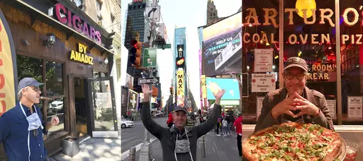 This combination of photos shows John Tebeau smoking a cigar outside of Cigars by Amadiz on Broadway, left, Tebeau in Times Square, center, and seated in front of a pizza at Arturo's Coal Oven Pizza after walking the length of Manhattan in 2020. (AP Photo/Colleen Newvine)