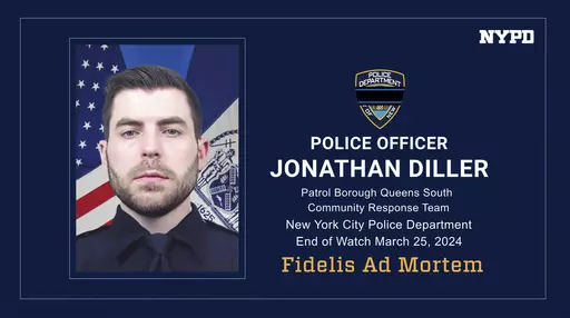 This photo provided by the New York City Police Department shows police officer Jonathan Diller, who was killed in the line of duty on Monday, March 25, 2024, in New York. According to the city's mayor and police, Diller was shot and killed during a traffic stop in the Far Rockaway section of Queens. The officer and his partner were part of the NYPD Critical Response Team. (New York City Police Department via AP)