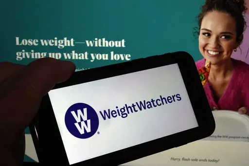 This image shows the logo of WeightWatchers on a mobile phone, and the company's website, in New York, Tuesday, March 7, 2023. (AP Photo/Richard Drew, File)