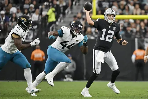 Las Vegas Raiders quarterback Aidan O'Connell (12) throws as Jacksonville Jaguars defensive end Travon Walker (44) and Jaguars defensive end Josh Hines-Allen (41) apply pressure during the first half of an NFL football game Sunday, Dec. 22, 2024, in Las Vegas. (AP Photo/David Becker)