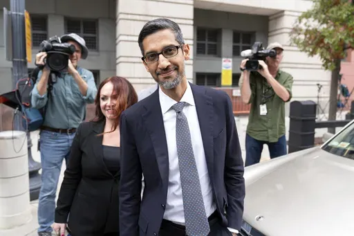 Google CEO Sundar Pichai leaves the federal courthouse in Washington, Oct. 30, 2023. (AP Photo/Jose Luis Magana, File)