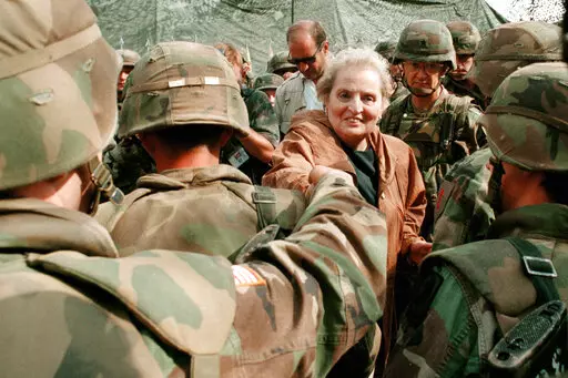 Secretary of State Madeleine Albright greets US Soldiers at Bondsteel camp near Urosevac, some 35 kms. south of Pristina, July 29, 1999. (AP Photo/Amel Emric, File)