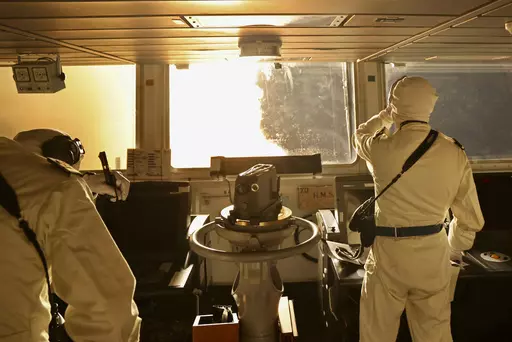 In this photo provided by the United Kingdom Ministry of Defence on Wednesday, Jan. 10, 2024, taken from the bridge of HMS Diamond, Sea Viper missiles are fired in the Red Sea. U.S. and British militaries are bombing more than a dozen sites used by the Iranian-backed Houthis in Yemen, in a massive retaliatory strike using warship-launched Tomahawk missiles.(UK Ministry of Defence via AP)