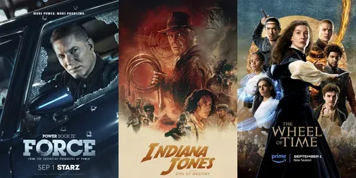 This combination of photos shows promotional art for the series “Power Book IV: Force,” premiering Sept. 1 on Starz, left, ”Indiana Jones and the Dial of Destiny,” a film available on video-on-demand on Aug. 29, center, and “The Wheel of Time," a fantasy series returning for a second season on Sept. 1. (Starz/Lucasfilm/Amazon Prime via AP)