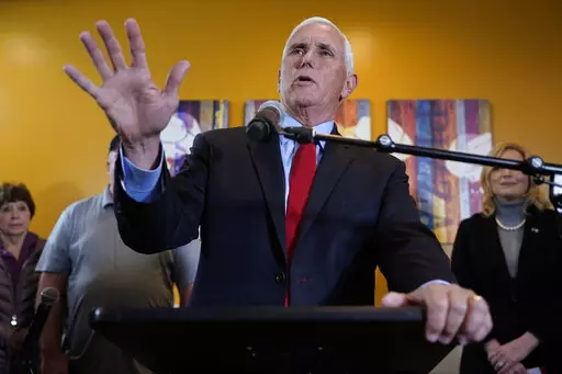 Former Vice President Mike Pence speaks during a parents rights rally Wednesday, Feb. 15, 2023, in Cedar Rapids, Iowa. (AP Photo/Charlie Neibergall)
