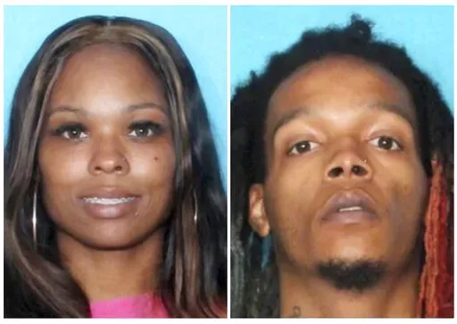 This combo of images provided by the Harris County Sheriff's Department shows, from left, Zaikiya Duncan, 40, left, and Jova Terrell, 27, who were arrested in Louisiana this week hours after a teenager told Texas police that he and his twin sister were handcuffed and endured horrific abuse escaped their family's home after he found a handcuff key and hid it in his mouth, authorities said in court records. (Harris County Sheriff's Department via AP)