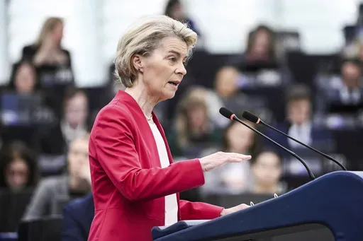 European Commission president Ursula von der Leyen addresses European Parliament members on new plans to ramp up defense spending agreed at last week's summit, Tuesday, March 11, 2025 at the European Parliament in Strasbourg, eastern France. (AP Photo/Pascal Bastien)