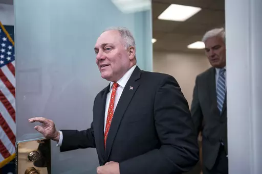 House Majority Leader Steve Scalise, R-La., joined at right by Majority Whip Tom Emmer, R-Minn., arrives for a news conference at the Capitol in Washington, Tuesday, June 6, 2023. Scalise has been diagnosed with blood cancer.(AP Photo/J. Scott Applewhite)