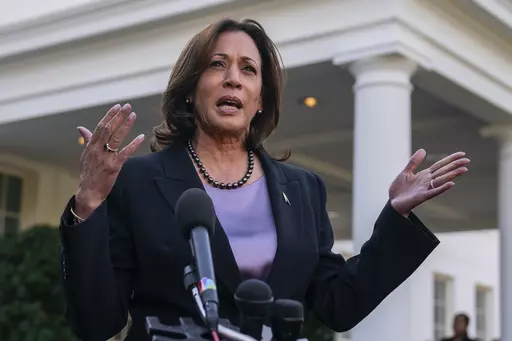 Vice President Kamala Harris speaks at the White House, Nov. 8, 2023, in Washington. Harris will face two delicate tasks when she attends a climate summit this weekend in Dubai. She'll be trying to demonstrate U.S. environmental leadership despite President Joe Biden's absence from the annual gathering on climate change. And she'll meet with regional leaders to work to nudge forward fragile efforts to shape the next phase of the war between Israel and Hamas.(AP Photo/Evan Vucci)