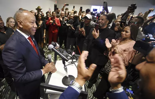 Henry Whitehorn, a candidate for Caddo Parish sheriff, speaks during his election results watch party on Saturday evening, March 23, 2024, at Hilton Shreveport, La. (Henrietta Wildsmith/The Shreveport Times via AP)