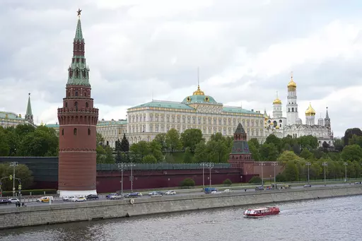 A view of the Moscow Kremlin in Moscow, Russia, Wednesday, May 3, 2023. Russian authorities have accused Ukraine of attempting to attack the Kremlin with two drones overnight. The Kremlin on Wednesday decried the alleged attack attempt as a "terrorist act" and said Russian military and security forces disabled the drones before they could strike. (AP Photo)