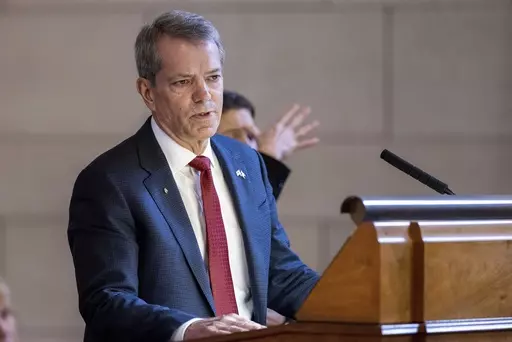 Nebraska Gov. Jim Pillen delivers his State of the State, Jan. 25, 2023, at the the state Capitol in Lincoln, Neb. Pillen covered everything from the state’s response to recent winter storms to his support for a bill to limit transgender students' access to bathrooms in his State of the State address Thursday, Jan. 18, 2024. (Anna Reed/Omaha World-Herald via AP, File)