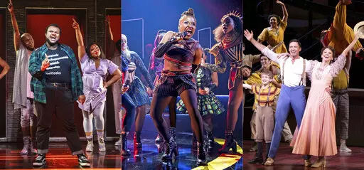 This combination of three separate photos shows, from left, James Jackson, Jr., Jaquel Spivey, L. Morgan Lee during a performance of "A Strange Loop, " Brittney Mack during a performance of "Six," and Hugh Jackman and Sutton Foster during a production of "The Music Man." Nominations for this year's  Tony Awards will be announced on Monday, May 9. (Polk & Co. via AP, from left, Boneau/Bryan Brown via AP, O & M Co./DKC via AP)
