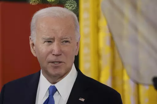 President Joe Biden speaks a Hanukkah reception in the East Room of the White House in Washington, Monday, Dec. 11, 2023. (AP Photo/Jacquelyn Martin, Pool)