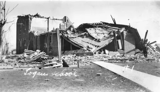 This photo provided by the Jackson County (Ill.) Historical Society shows the Logan School in Murphysboro, Ill., after a tornado tore through Indiana, Illinois, and Missouri in March 1925. (Jackson County (Ill.) Historical Society via AP)
