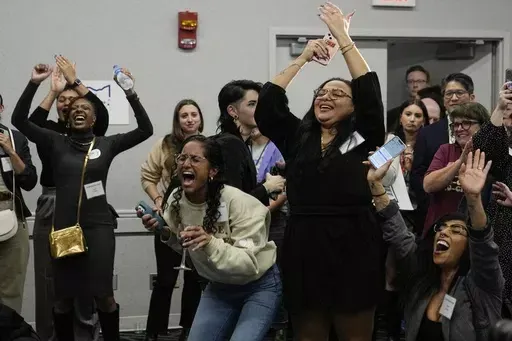Issue 1 supporters celebrate as Rhiannon Carnes, executive director, Ohio Women's Alliance, speaks at a watch party, Tuesday, Nov. 7, 2023, in Columbus Ohio. (AP Photo/Sue Ogrocki)