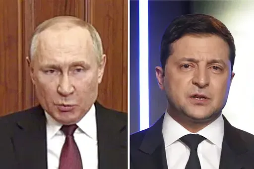 In these frames from Feb. 24, 2022, videos, Russian President Vladimir Putin, left, speaks in Moscow and Ukrainian President Volodymyr Zelenskyy speaks in Kyiv. (Russian Presidential Press Service and Ukrainian Presidential Press Office via AP)