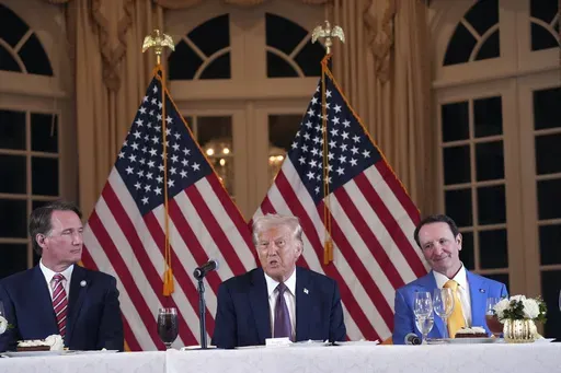 President-elect Donald Trump speaks during a meeting with Republican governors, including Virginia Gov. Glenn Youngkin, left, and Louisiana Gov. Jeff Landry, at Mar-a-Lago, in Palm Beach, Fla., Jan. 9, 2025. (AP Photo/Evan Vucci, File)
